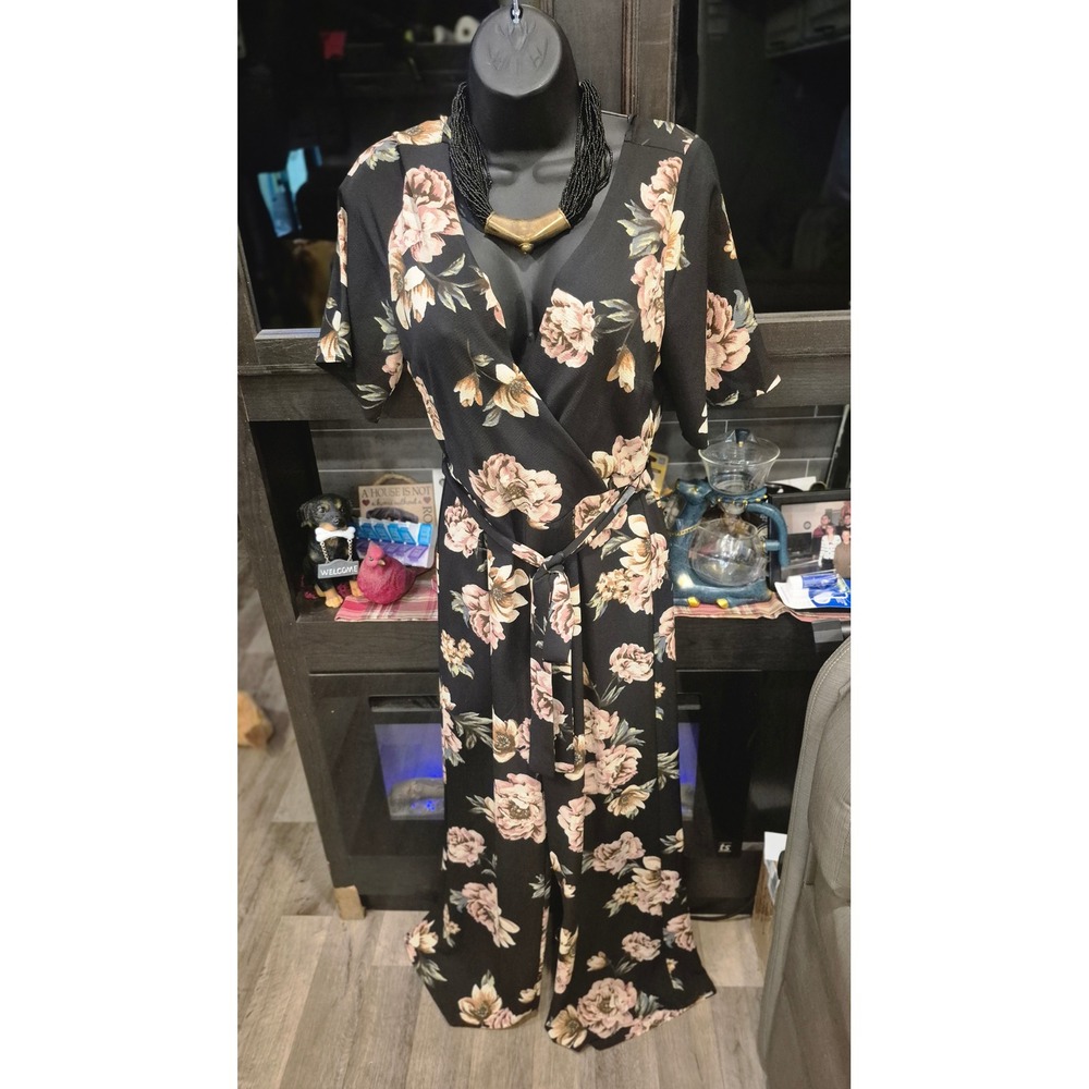 Black Floral Wrap Romper Wide Leg Boho Chic Belted Flowy Jumpsuit western flow S - Picture 3 of 12